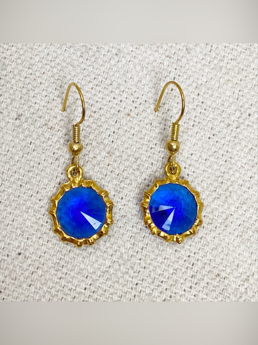 Gold tone rivoli style Blue Crystal Drop Earrings